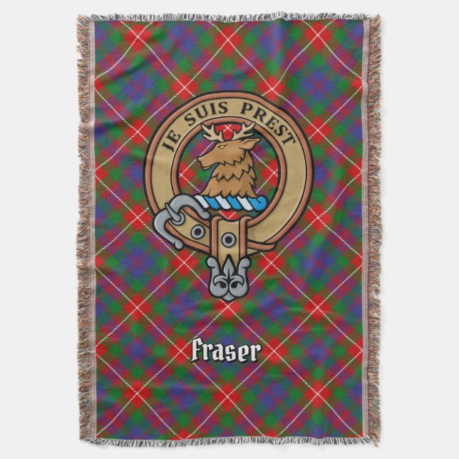 Clan Fraser of Lovat Crest over Tartan Throw Blanket (Front Vertical)