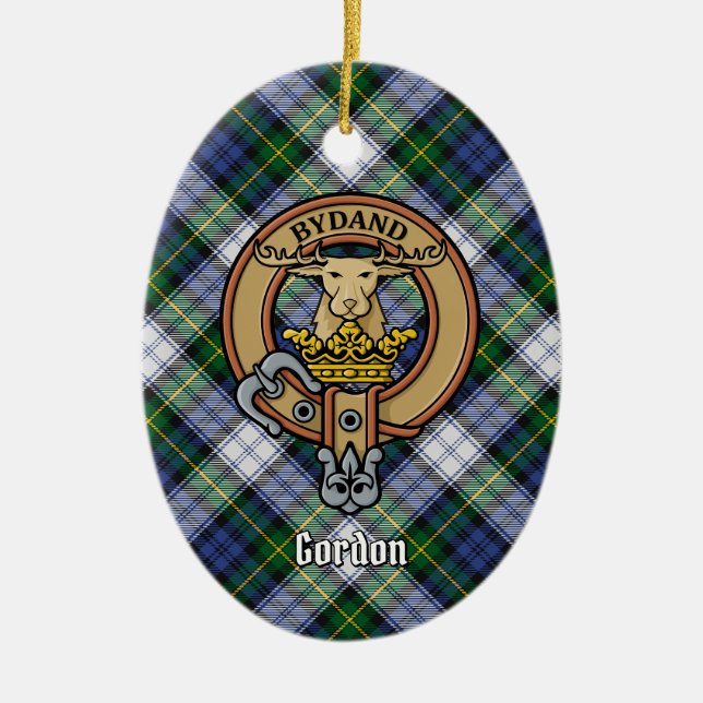 Clan Gordon Crest over Dress Tartan Ceramic Tree Decoration (Front)