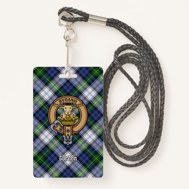 Clan Gordon Crest over Dress Tartan ID Badge (Front with Lanyard)