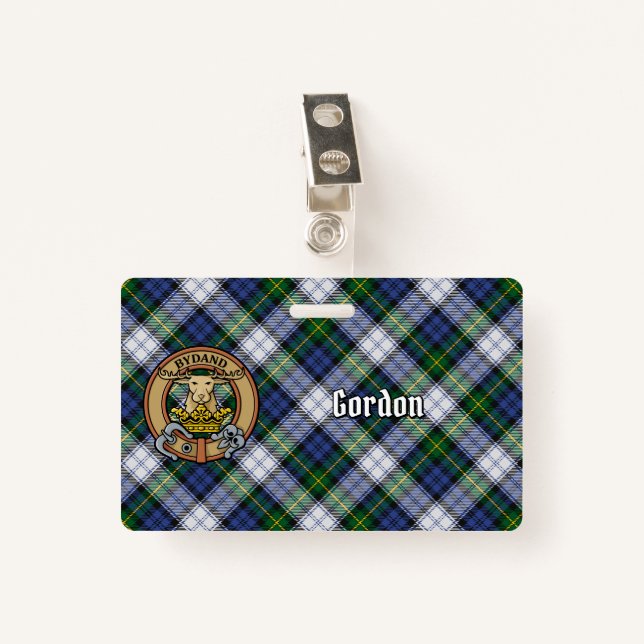 Clan Gordon Crest over Dress Tartan ID Badge (Front with Clip)