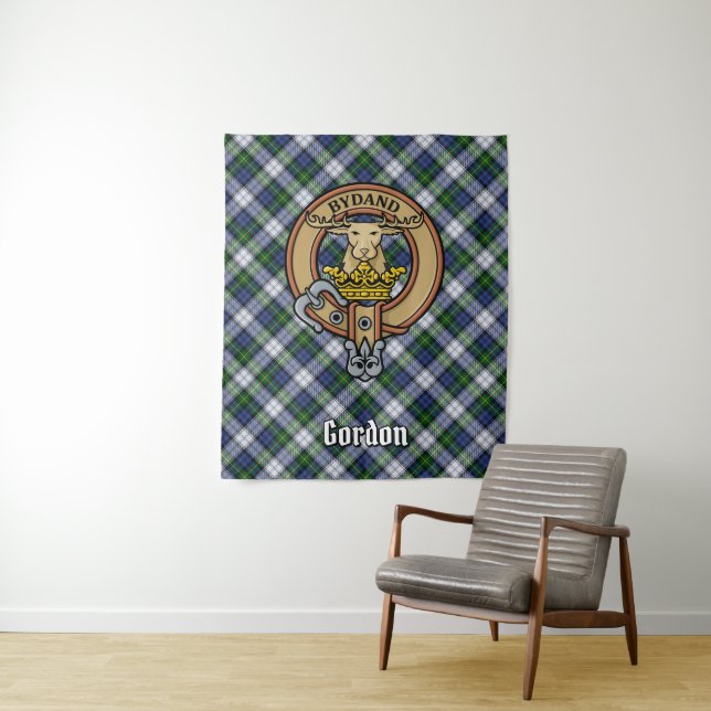 Clan Gordon Crest over Dress Tartan Tapestry (In Situ)