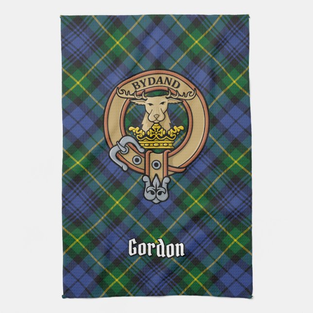 Clan Gordon Crest over Tartan Kitchen Towel (Vertical)