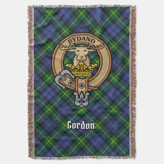 Clan Gordon Crest over Tartan Throw Blanket (Front Vertical)