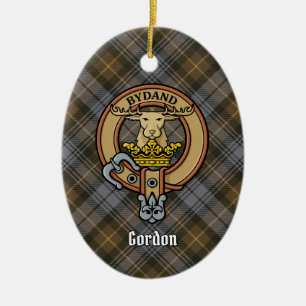 Clan Gordon Crest over Weathered Tartan Ceramic Tree Decoration