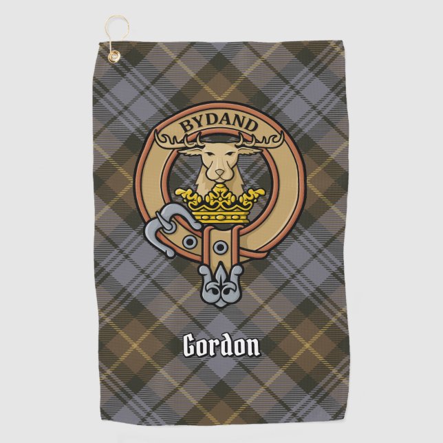 Clan Gordon Crest over Weathered Tartan Golf Towel (Front)