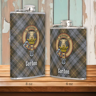 Clan Gordon Crest over Weathered Tartan Hip Flask