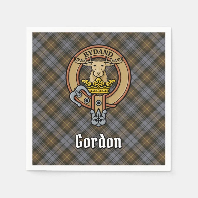 Clan Gordon Crest over Weathered Tartan Napkin (Front)