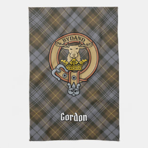 Clan Gordon Crest over Weathered Tartan Tea Towel