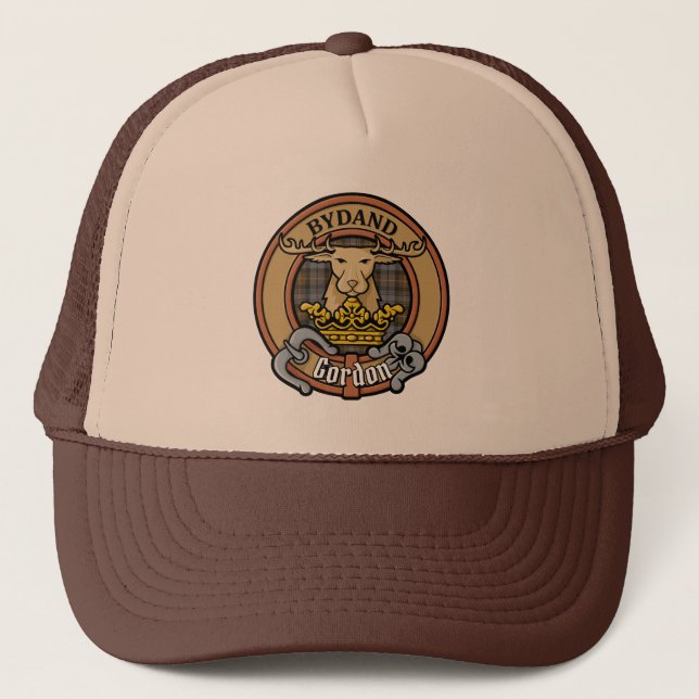 Clan Gordon Crest over Weathered Tartan Trucker Hat (Front)