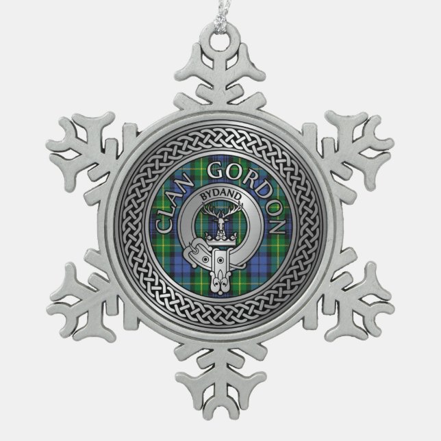 Clan Gordon Crest & Tartan Knot Snowflake Pewter Christmas Ornament (Front)
