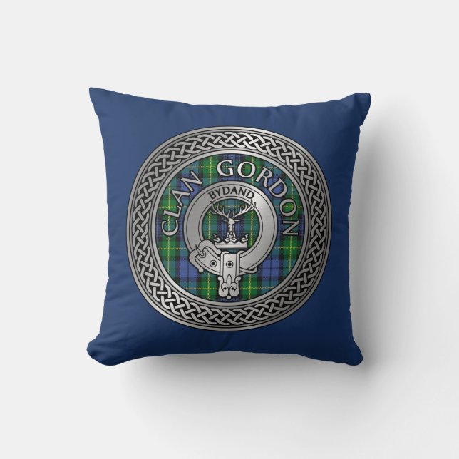 Clan Gordon Crest & Tartan Knot Throw Pillow (Front)