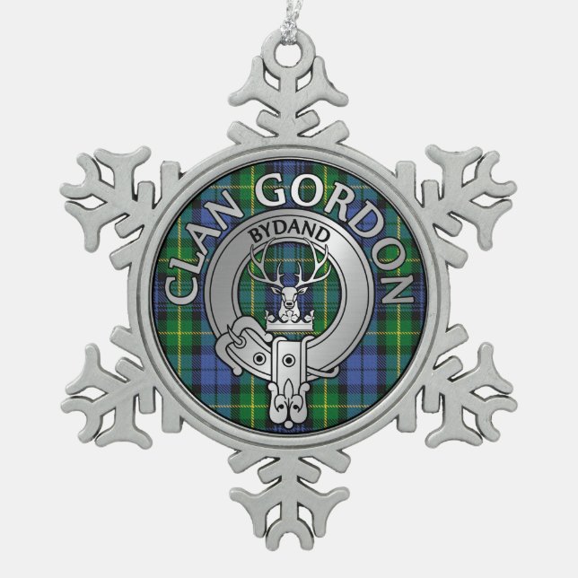 Clan Gordon Crest & Tartan Snowflake Pewter Christmas Ornament (Front)