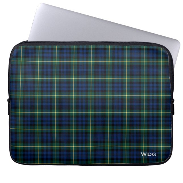 Clan Gordon Tartan Blue Plaid Monogrammed Laptop Sleeve (Front)