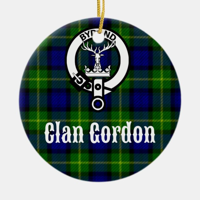 Clan Gordon Tartan Crest Ceramic Tree Decoration (Front)