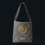 Clan Gordon Weathered Tartan Crossbody Bag<br><div class="desc">Clan Gordon crest badge surrounded by a strap and buckle over weathered tartan background. Custom text on both sides.</div>