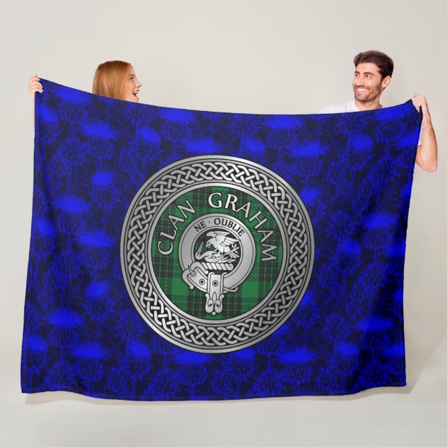 Clan Graham Crest & Tartan Knot Fleece Blanket (In Situ)