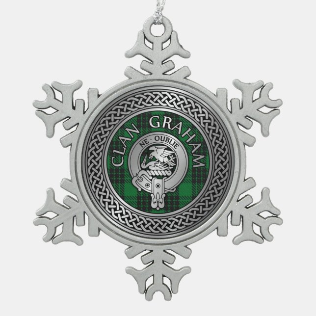 Clan Graham Crest & Tartan Knot Snowflake Pewter Christmas Ornament (Front)