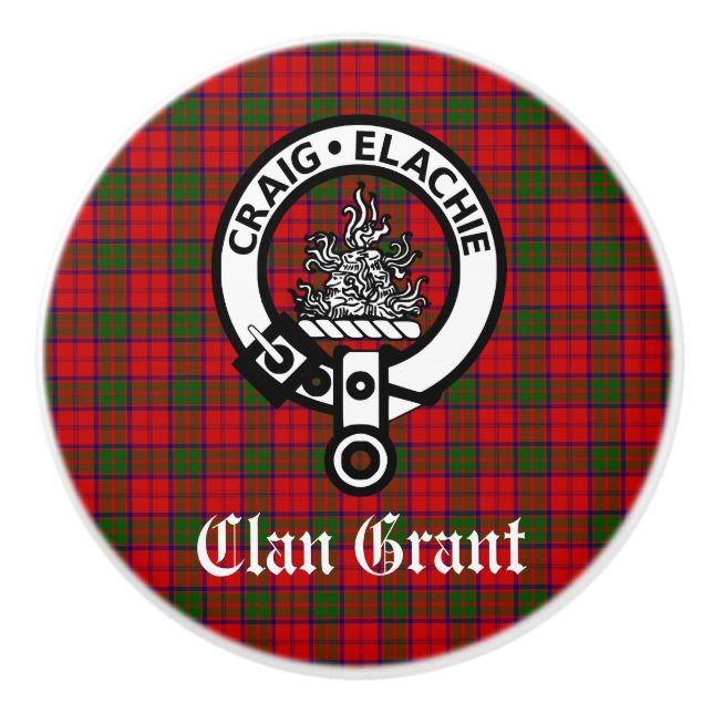 Clan Grant Crest Badge and Tartan  Ceramic Knob (Front)