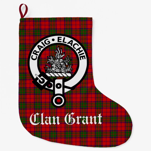Clan Grant Crest Badge and Tartan Customisable  Large Christmas Stocking (Front)