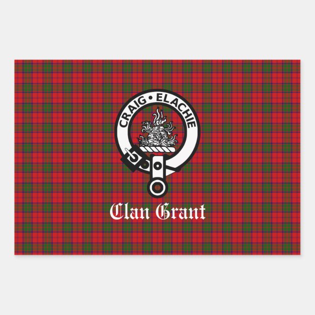 Clan Grant Crest Badge and Tartan  Wrapping Paper Sheet (Front)