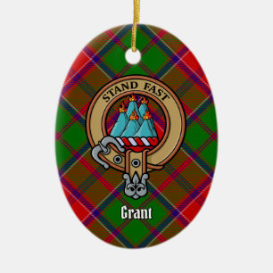 Clan Grant Crest over Tartan Ceramic Tree Decoration