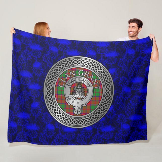 Clan Grant Crest & Tartan Knot Fleece Blanket (In Situ)