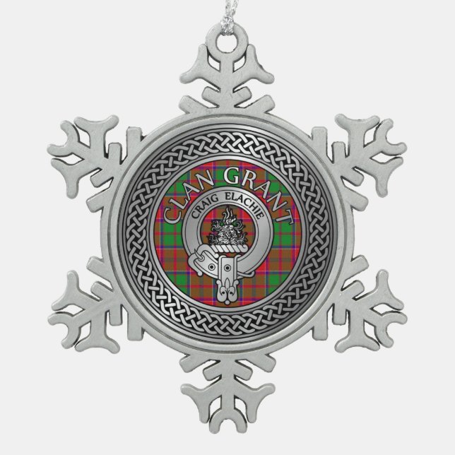 Clan Grant Crest & Tartan Knot Snowflake Pewter Christmas Ornament (Front)