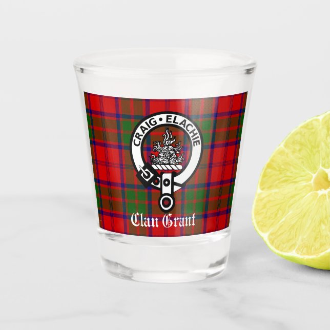 Clan Grant Tartan and Crest Badge  Shot Glass (Front)