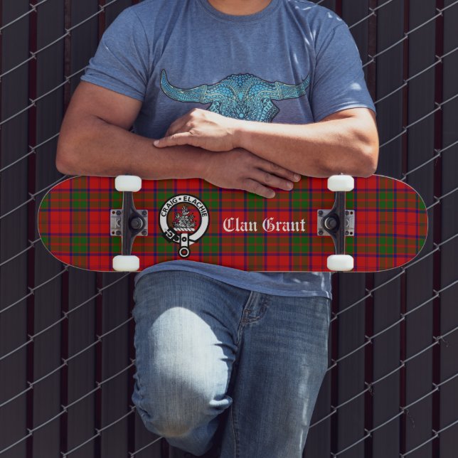 Clan Grant Tartan and Crest Badge  Skateboard (Outdoor 3)