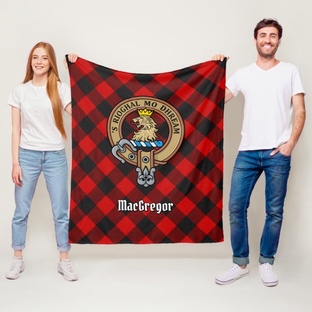 Clan Gregor Crest over Rob Roy Tartan Fleece Blanket (In Situ)