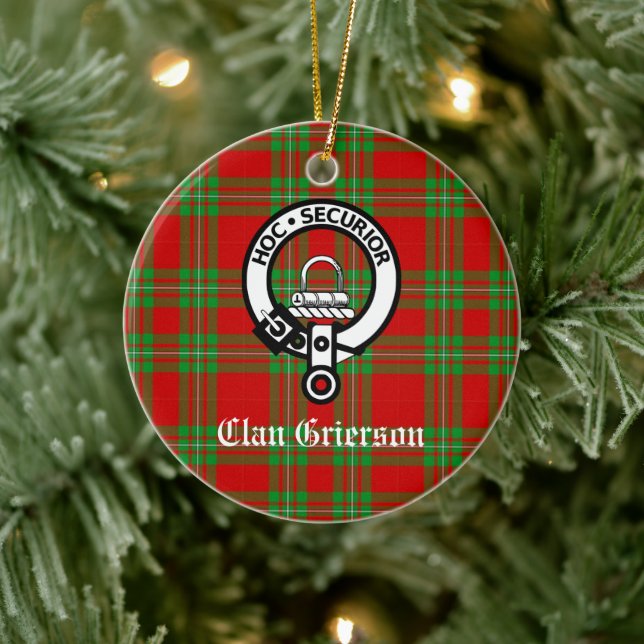 Clan Grierson Crest Badge & Tartan Ceramic Tree Decoration (Tree)