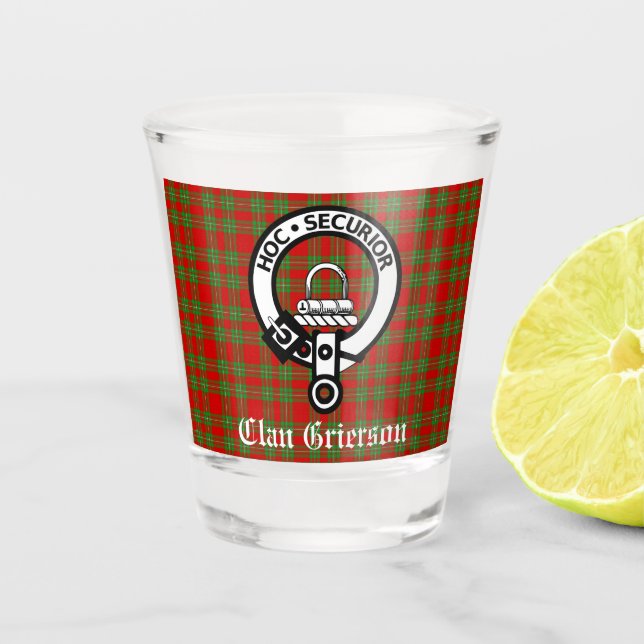 Clan Grierson Crest Badge & Tartan  Shot Glass (Front)