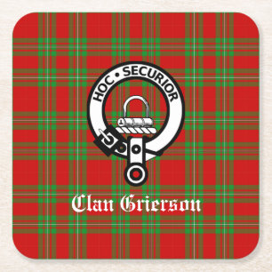 Clan Grierson Crest Badge & Tartan Square Paper Coaster