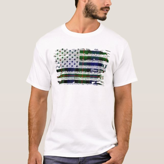 Clan Gunn American Flag Scottish Tartan T-Shirt (Front)