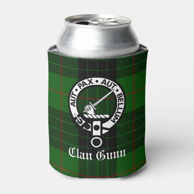 Clan Gunn Crest Badge and Tartan Can Cooler (Can Front)