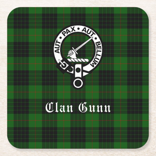 Clan Gunn Crest Badge & Tartan Paper Coaster (Front)