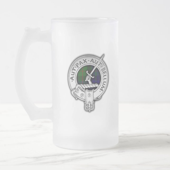 Clan Gunn Crest & Tartan Frosted Glass Beer Mug (Left)