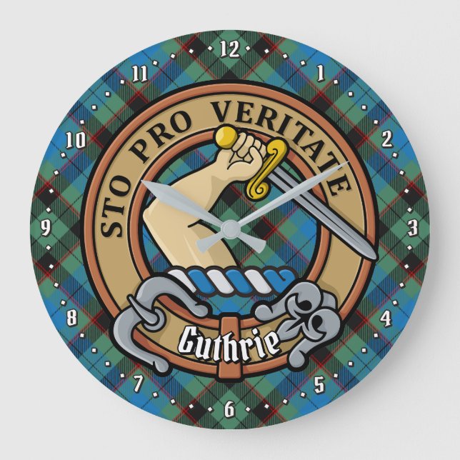 Clan Guthrie Crest over Tartan Large Clock (Front)