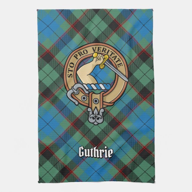 Clan Guthrie Crest over Tartan Tea Towel (Vertical)
