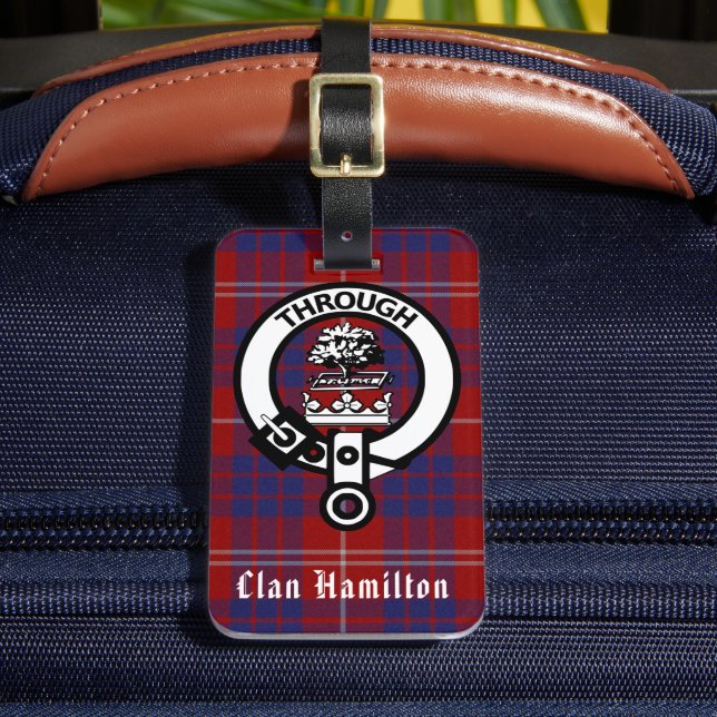 Clan Hamilton Crest and Tartan Luggage Tag (Front Insitu 2)