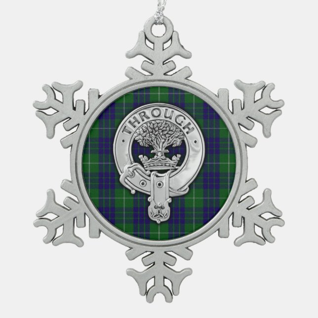 Clan Hamilton Crest & Hunting Tartan Snowflake Pewter Christmas Ornament (Front)