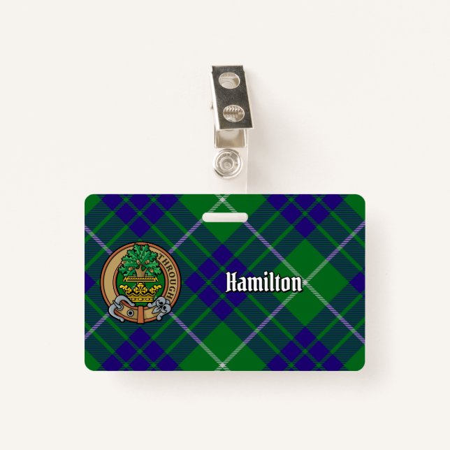 Clan Hamilton Crest over Hunting Tartan ID Badge (Front with Clip)