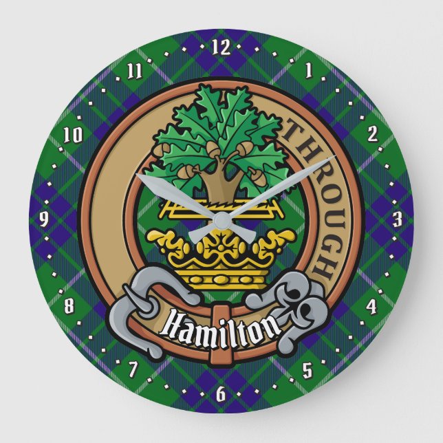 Clan Hamilton Crest over Hunting Tartan Large Clock (Front)