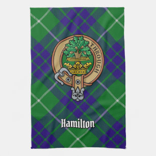 Clan Hamilton Crest over Hunting Tartan Tea Towel