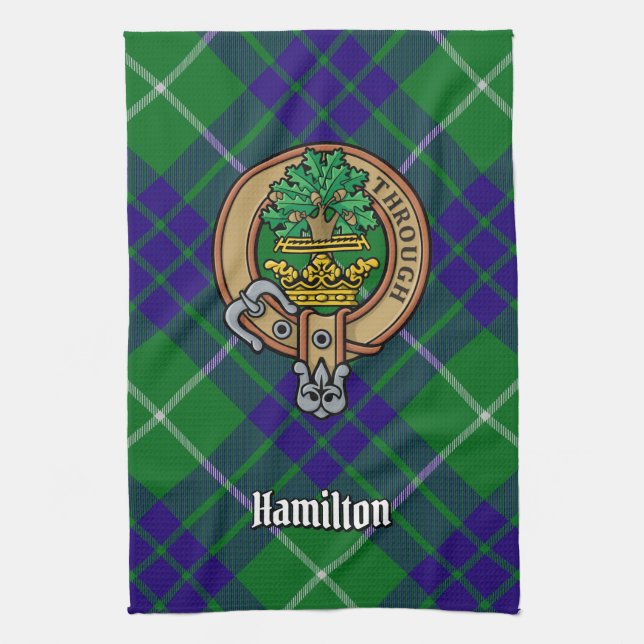 Clan Hamilton Crest over Hunting Tartan Tea Towel (Vertical)