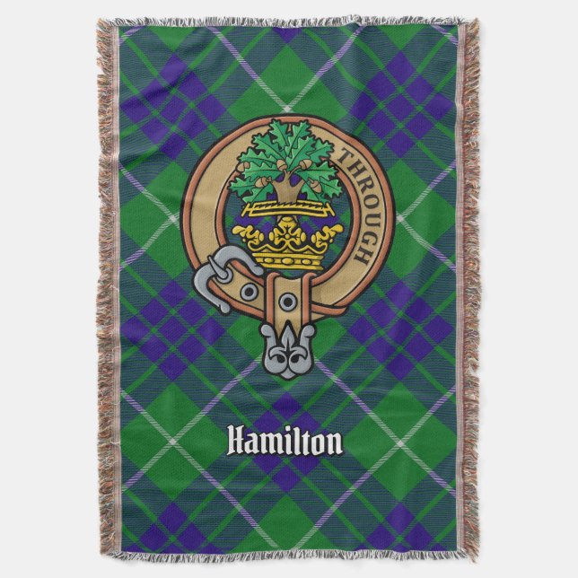 Clan Hamilton Crest over Hunting Tartan Throw Blanket (Front Vertical)