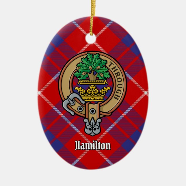 Clan Hamilton Crest over Red Tartan Ceramic Tree Decoration (Front)
