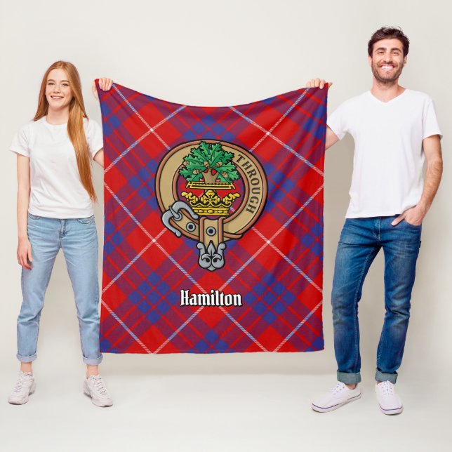 Clan Hamilton Crest over Red Tartan Fleece Blanket (In Situ)