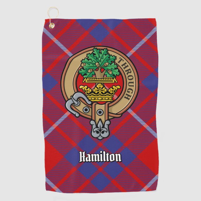 Clan Hamilton Crest over Red Tartan Golf Towel (Front)