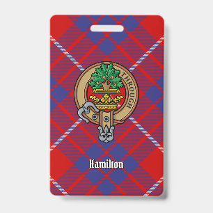 Clan Hamilton Crest over Red Tartan ID Badge
